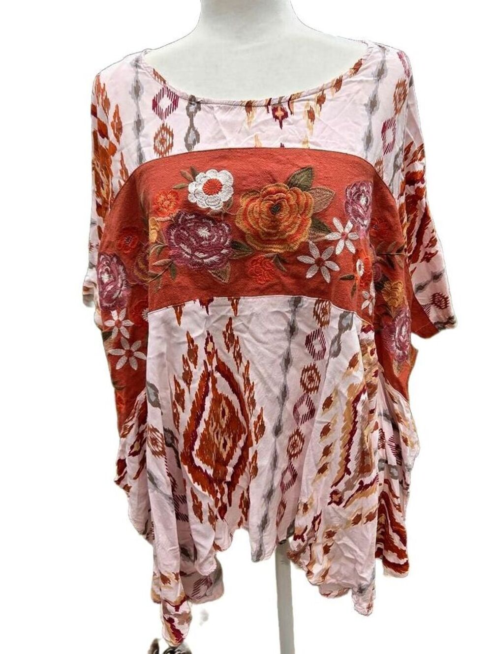 Boho Floral Embroidered Ikat Print Flowy Poncho Top Blouse Savanna Jane 1X 2X